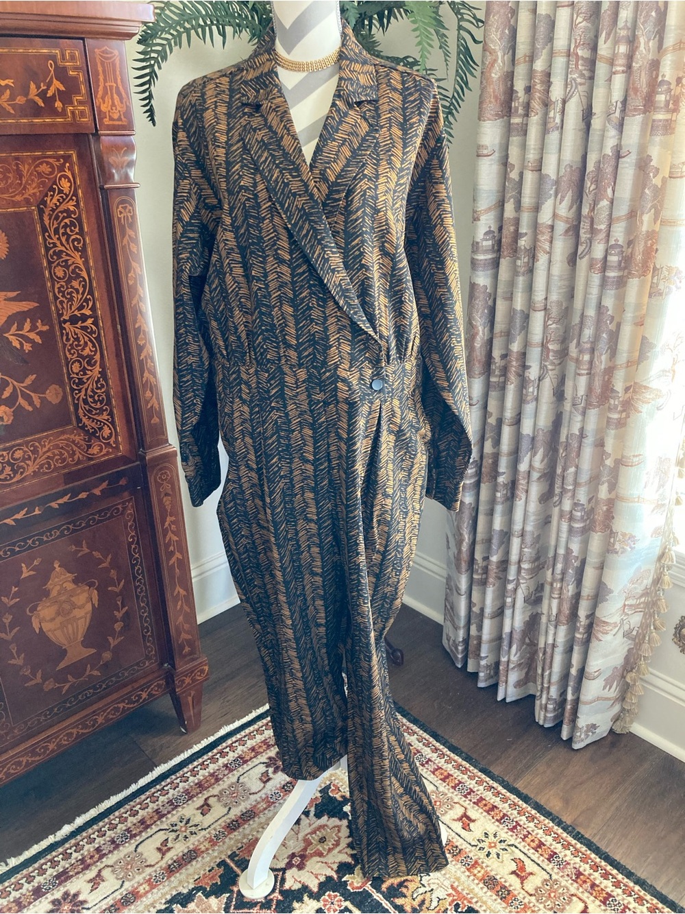 Women's Black and Brown Patterned V-Neck Jumpsuit